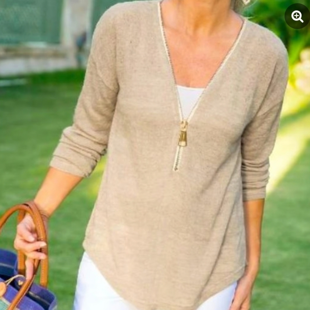Soft Surroundings Valentina Half Zip Sweater Top XS Beige Knit‎ Lightweight